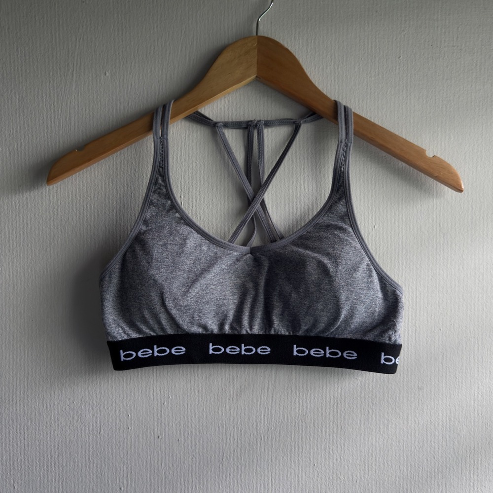 Bebe Strappy Back Sports Bra Womens Medium Gray Heather Logo Band Athleisure